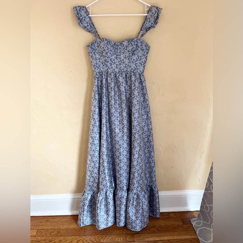 Dessy Marguerite Romantic Floral Corset Maxi Dress with Ruffle Straps Size 0